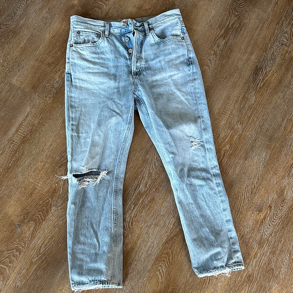 Agolde Pale Blue Slim Straight Jeans with Distressed Knee
